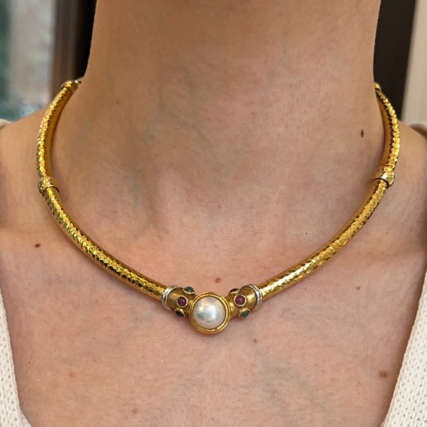 Estate 14KT Yellow Gold Greek 4-Piece Set Mabe Gemstone Necklace, Earrings, Ring, Bracelet