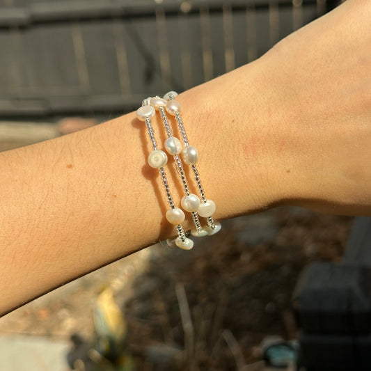 Sterling Silver Freshwater Pearl + Glass Bead Wrap Bracelet