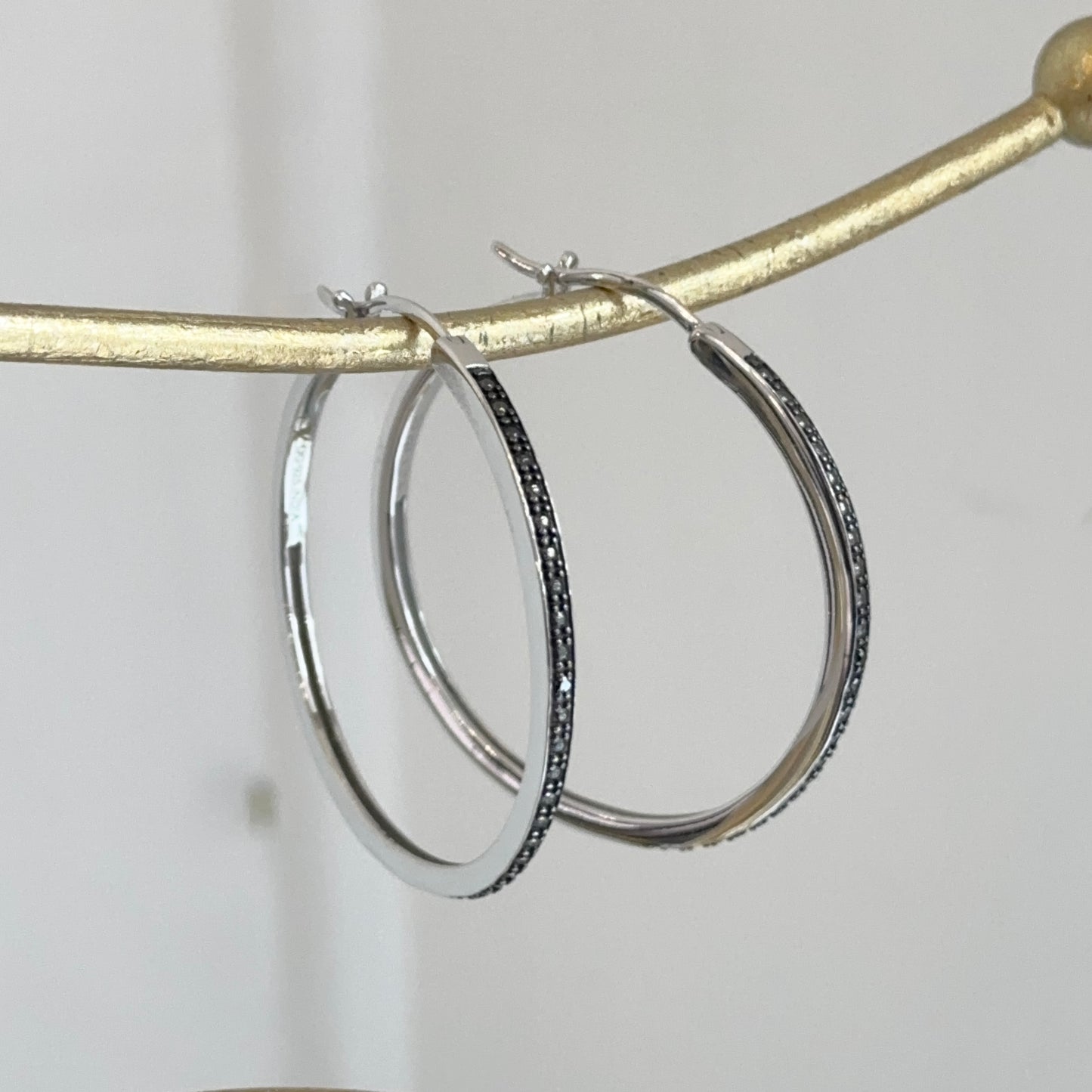 Sterling Silver Black Diamond Hoop Earrings 40mm