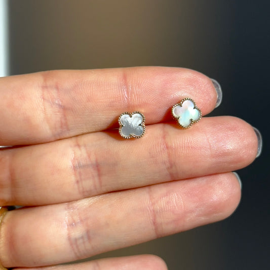 14KT Yellow Gold 8mm Beaded Mother of Pearl Clover Stud Earrings