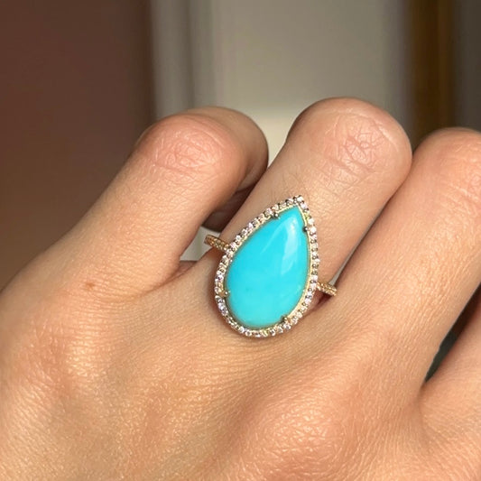 14KT Yellow Gold Pear Turquoise + Pave Diamond Halo Ring