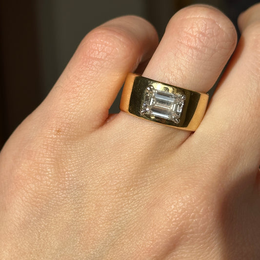 18KT Yellow Gold Wide Band 2.12 CT Emerald-Cut Diamond Ring