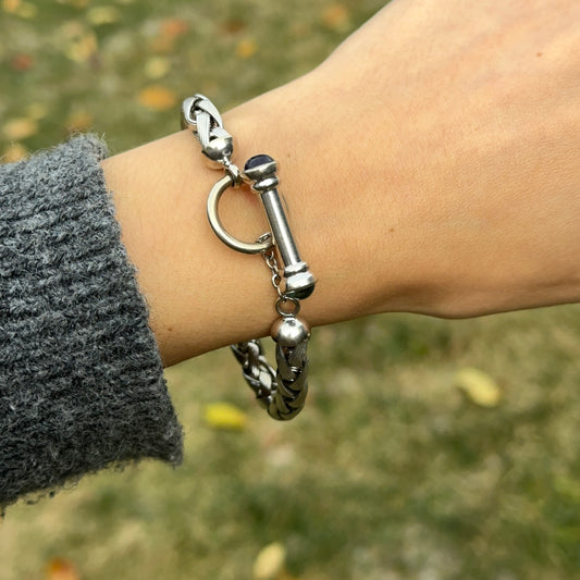 Estate 14KT White Gold Rounded Amethyst + Blue Topaz Wheat Link Bracelet - LSJ