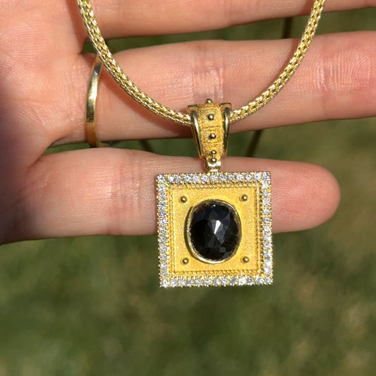 Estate 18KT Yellow + Black Gold Diamond Square Pendant Necklace