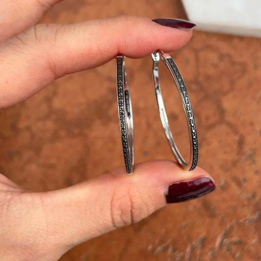 Sterling Silver Black Diamond Hoop Earrings 40mm - LSJ