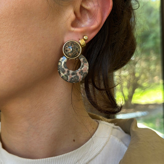 Estate Leopard Agate Round Disc Earring Charms 30mm - LSJ