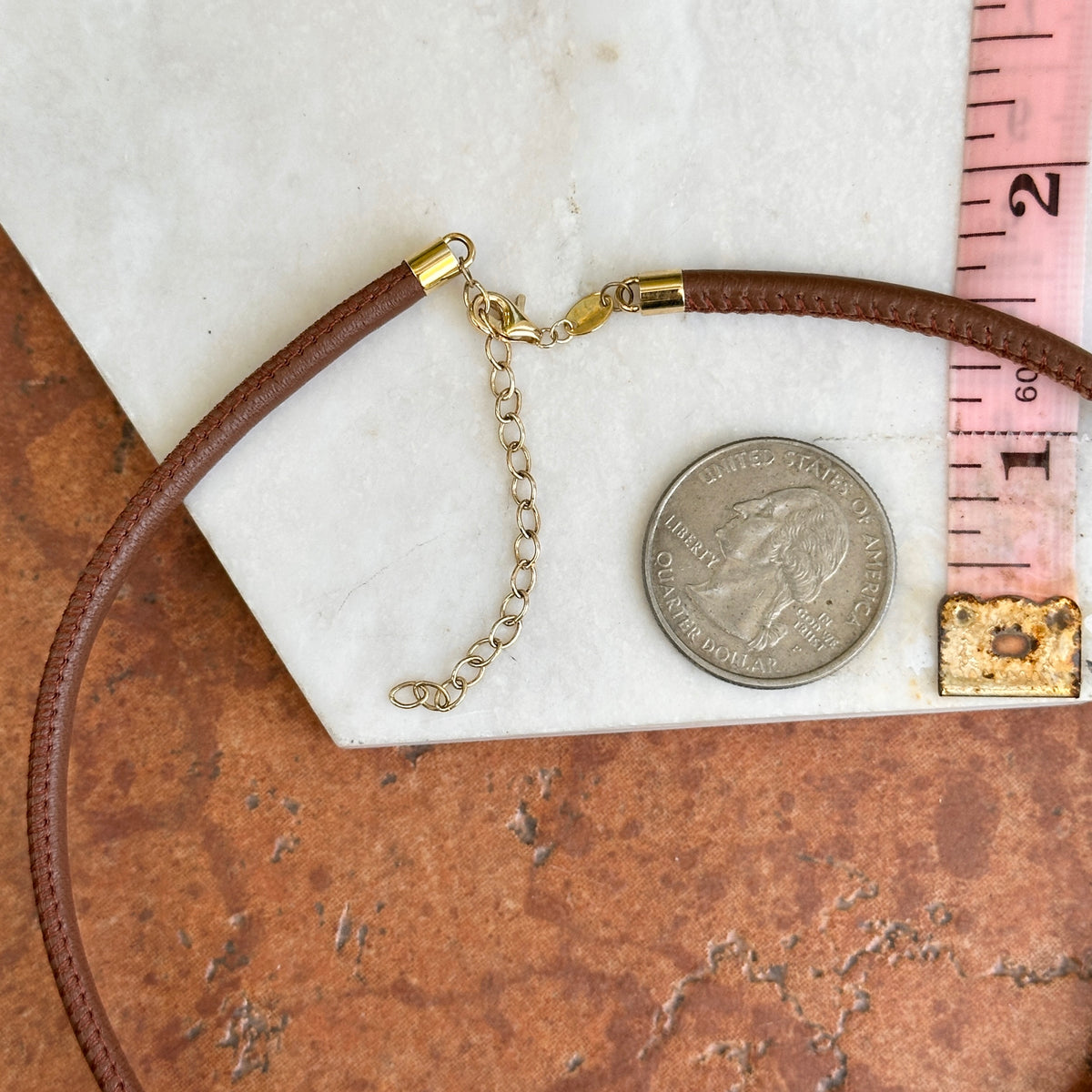 14KT Yellow Gold Brown Stitched 3mm Leather Necklace