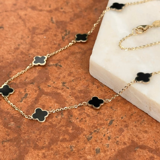 14KT Yellow Gold 7mm Black Onyx Clover Station Chain Necklace