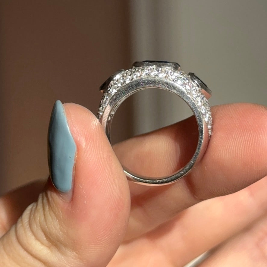 Estate 18KT White Gold Heart Blue Sapphire + Pave Diamond Ring