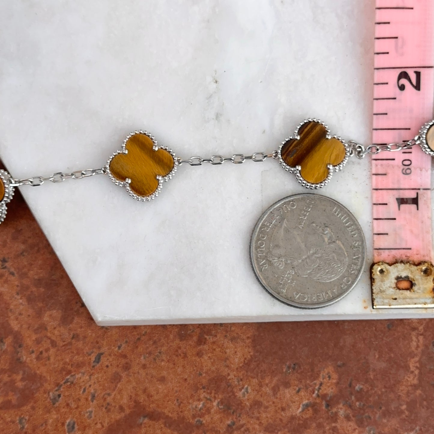 14KT White Gold Tiger’s Eye Ribbed Clover Bracelet