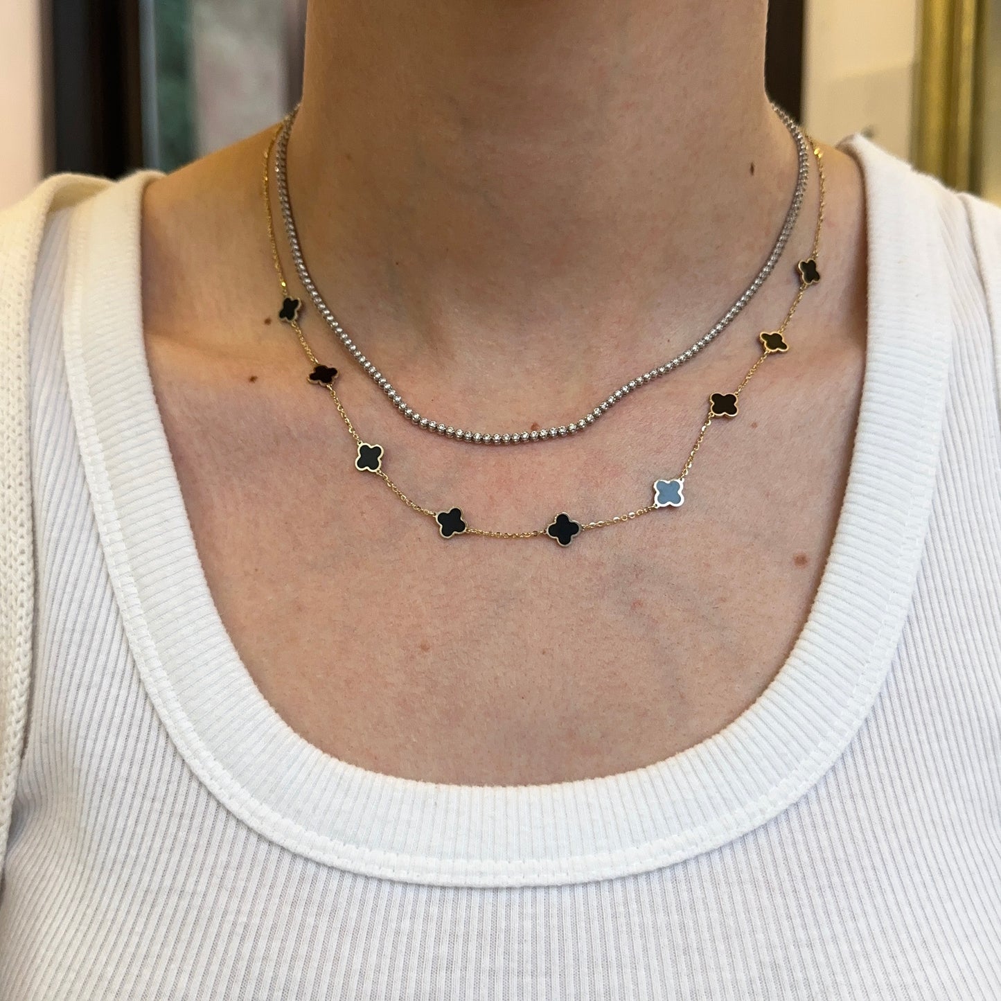 14KT Yellow Gold 7mm Black Onyx Clover Station Chain Necklace