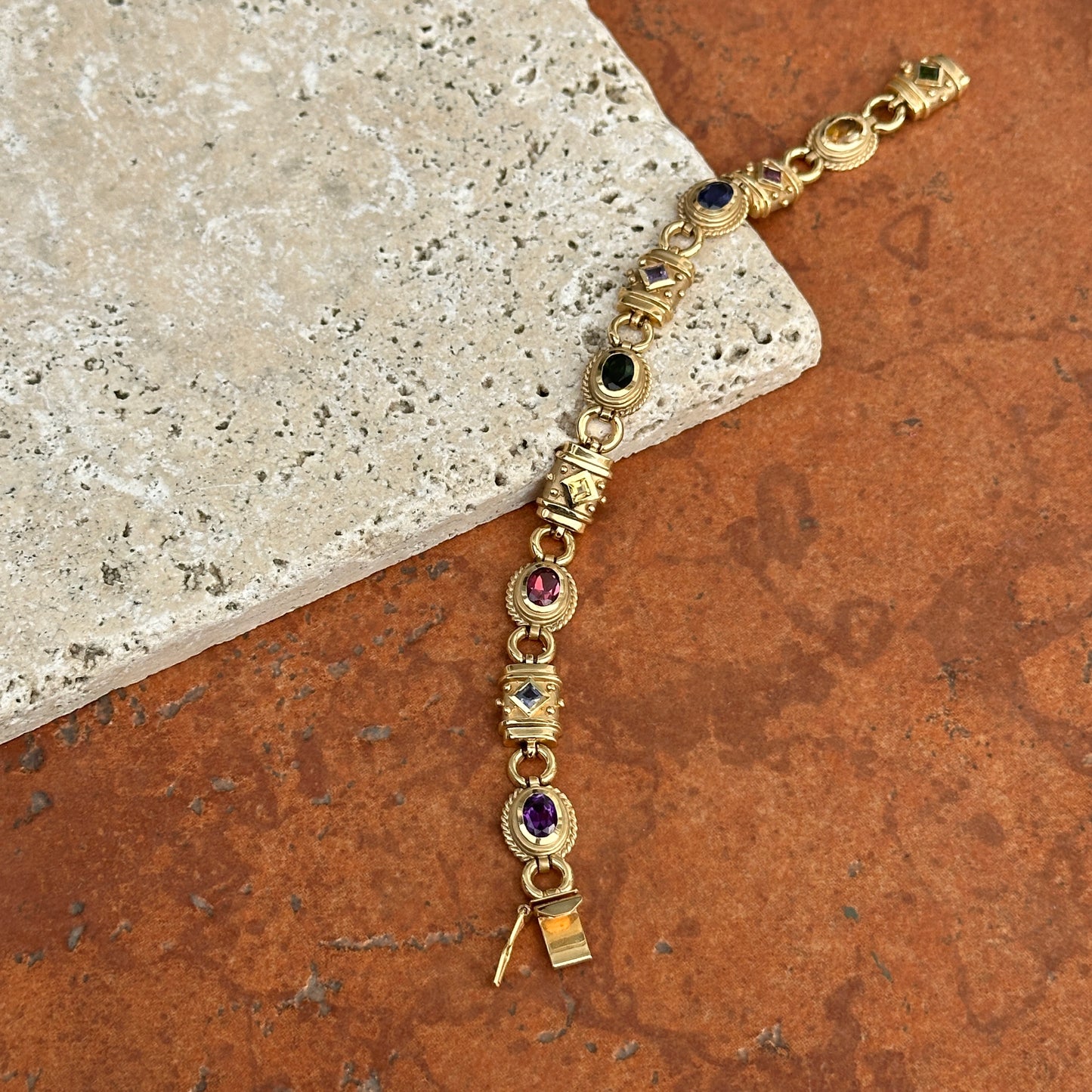 Estate 14KT Yellow Gold Byzantine Multi Gemstone Link Bracelet