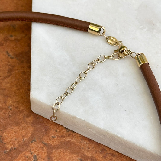 14KT Yellow Gold Brown Stitched 3mm Leather Necklace