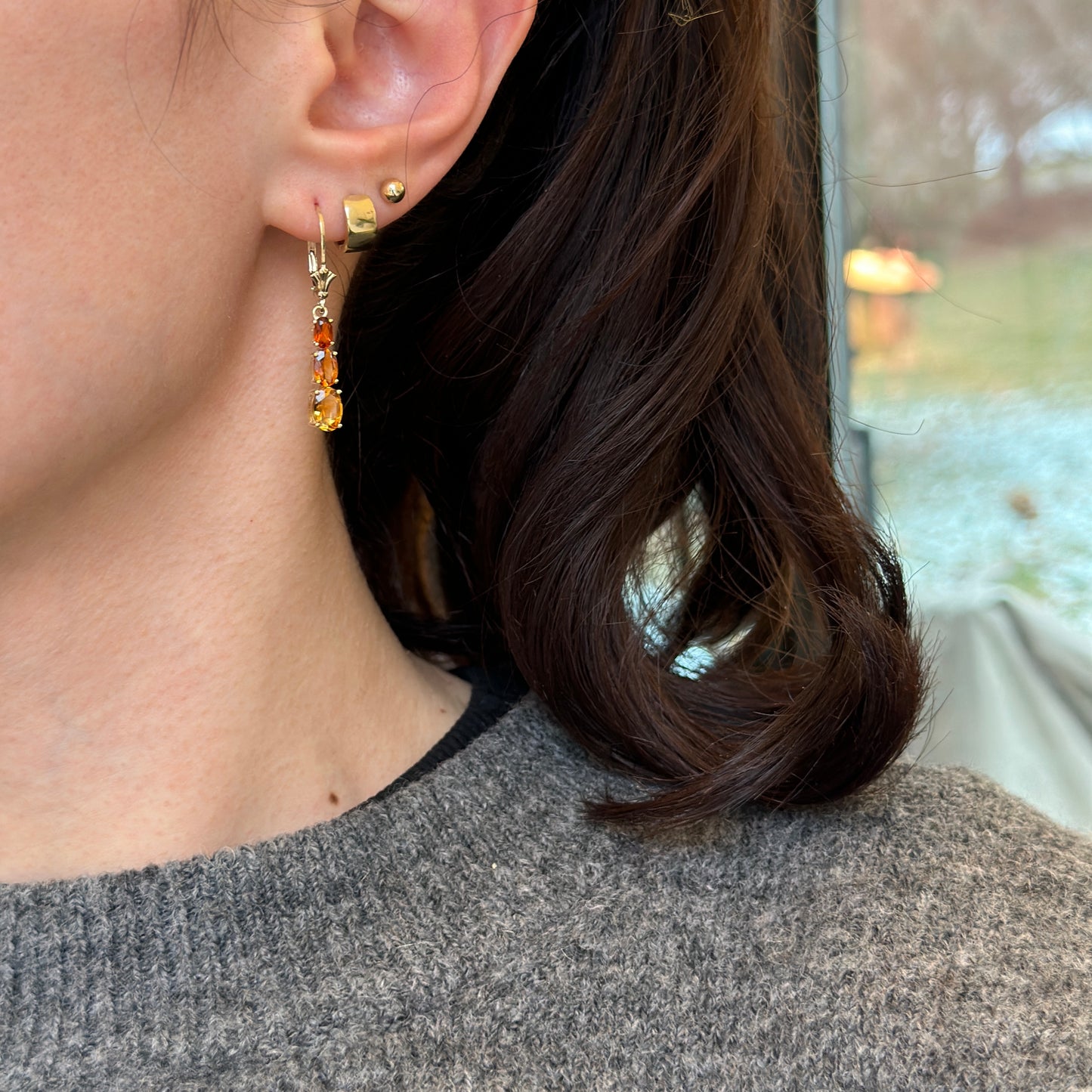 14KT Yellow Gold Citrine Dangle Lever Back Earrings