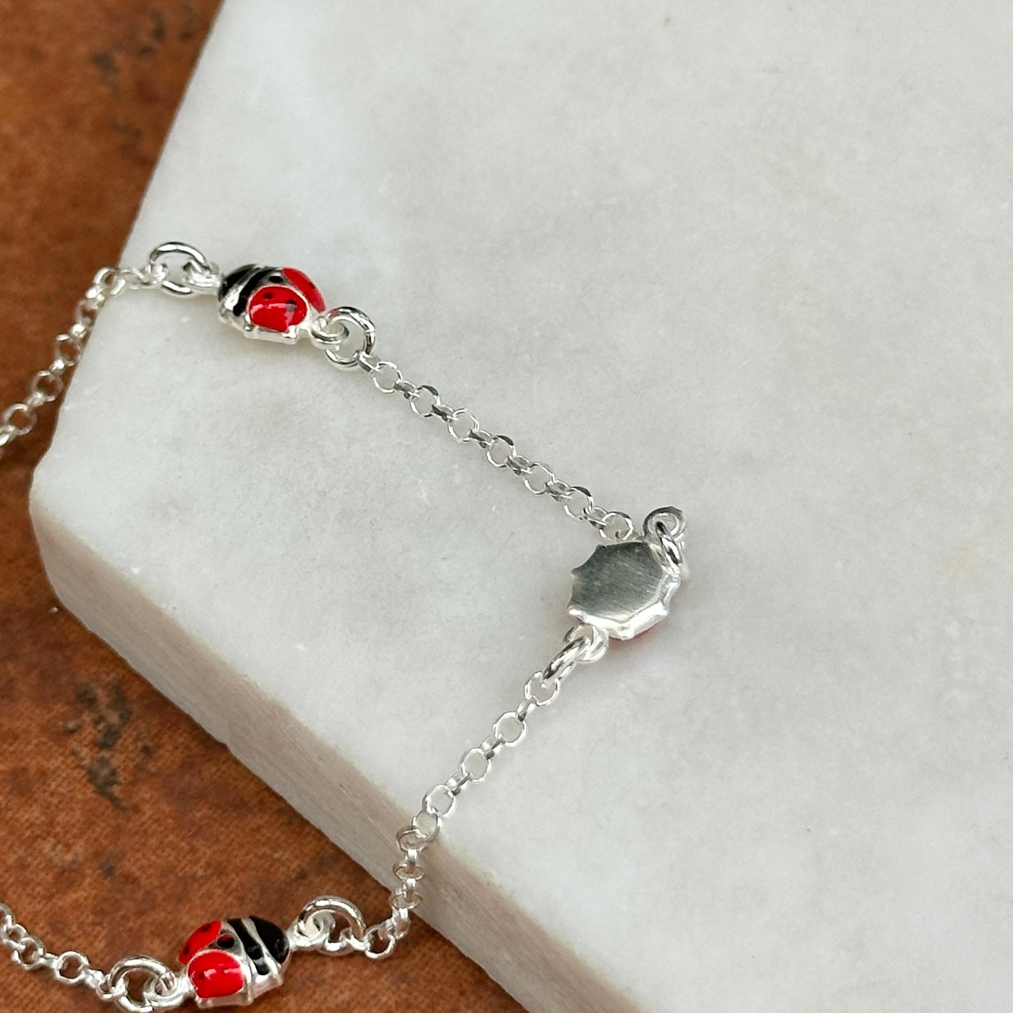 Sterling Silver Red & Black Enamel (3) Mini Ladybug Chain Bracelet