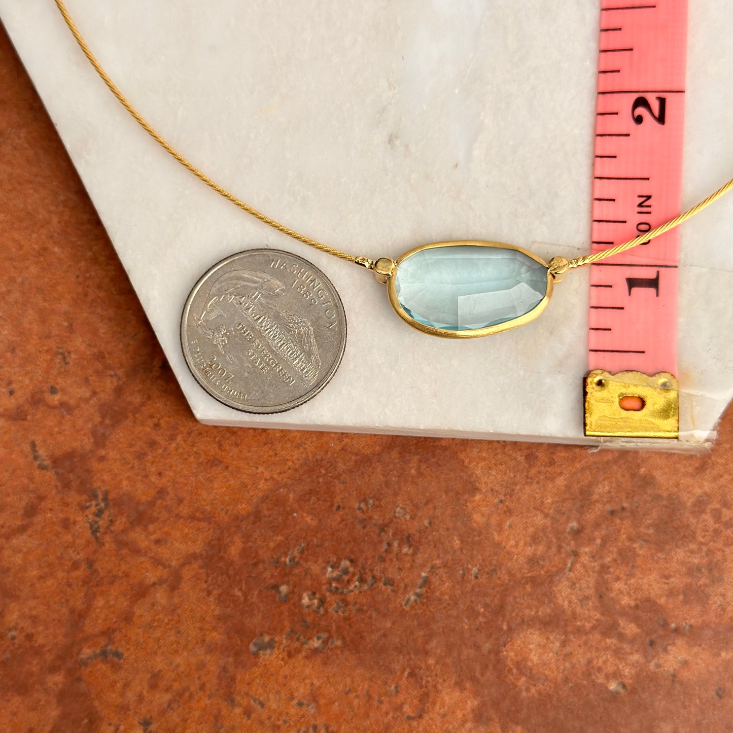 14KT Yellow Gold Bezel Blue Topaz + Diamond Collar Necklace