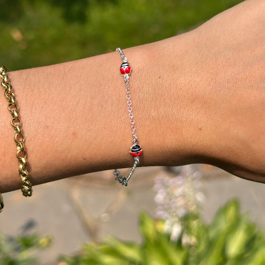 Sterling Silver Red & Black Enamel (3) Mini Ladybug Chain Bracelet