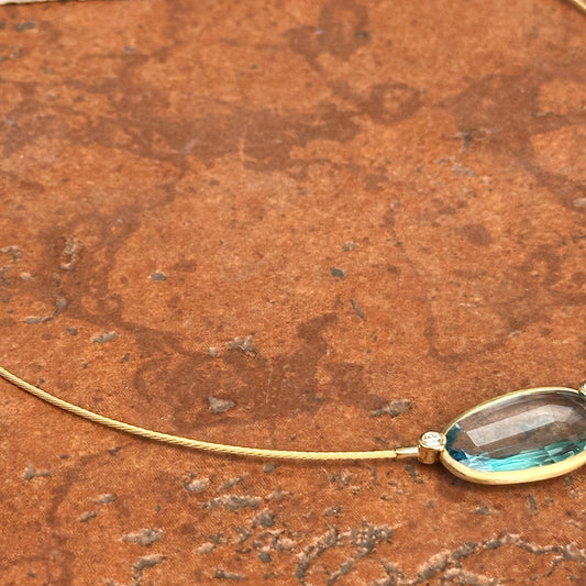 14KT Yellow Gold Bezel Blue Topaz + Diamond Collar Necklace