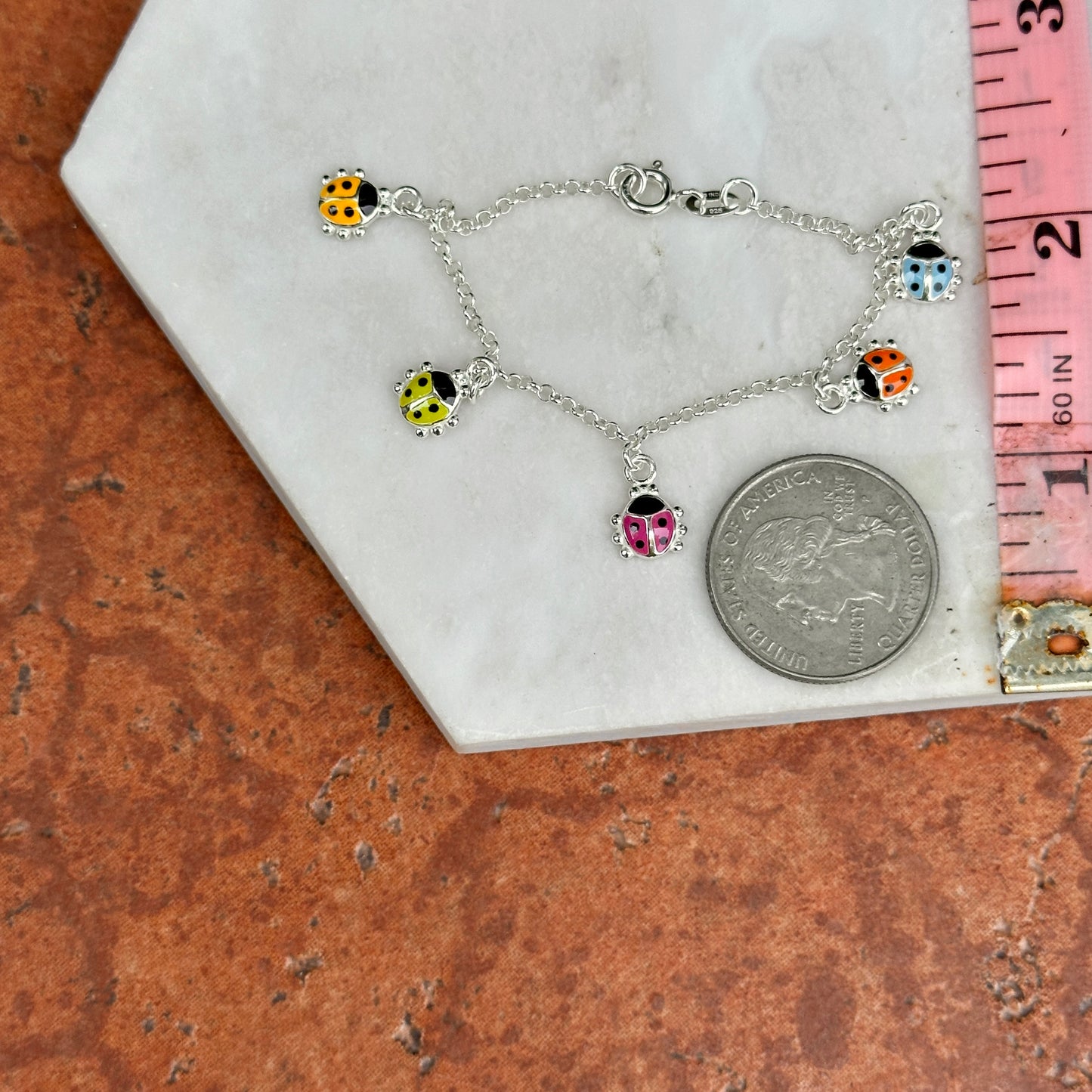 Sterling Silver Multi Color Enamel Mini Ladybug Chain Bracelet 6''