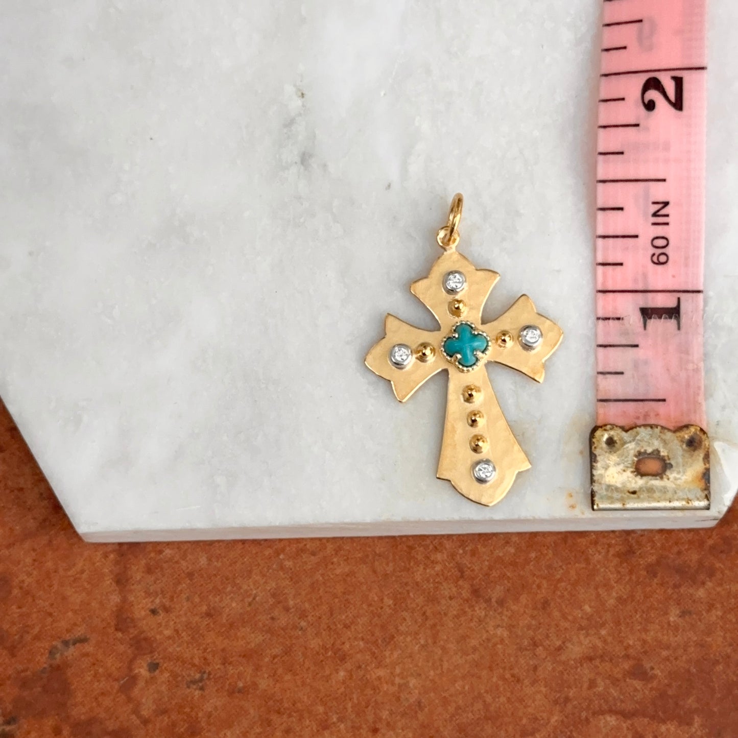 14KT Yellow Gold Matte Turquoise + Diamond Cross Pendant