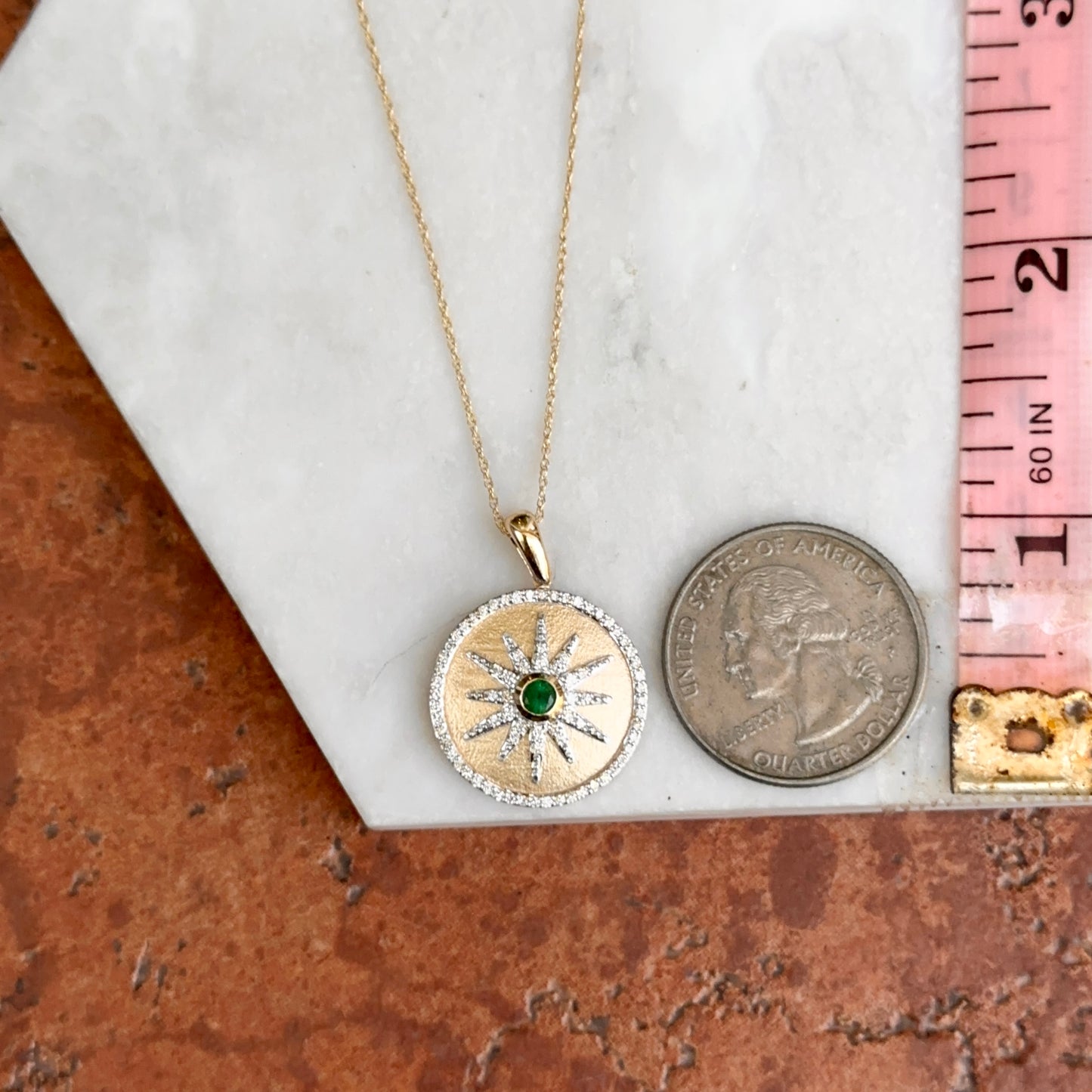 14KT Yellow Gold Emerald + Diamond Starburst Disc Necklace