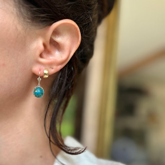 Sterling Silver Round Cabochon Turquoise Twisted Bezel Lever Back Earrings