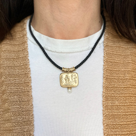 Estate 14KT Yellow Gold Pearl Byzantine Relief Pendant + Black Silk Cord Necklace
