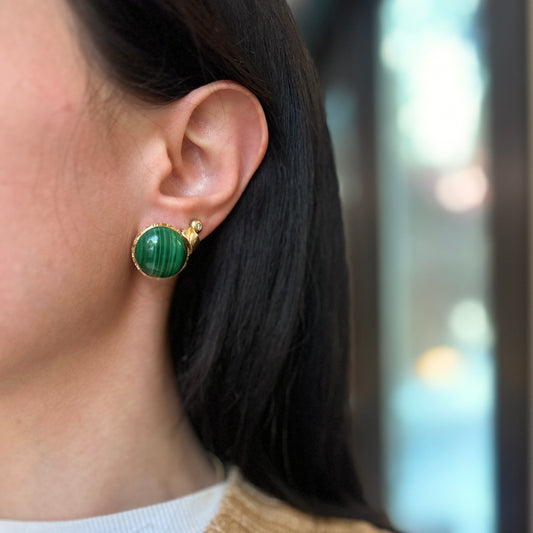 Estate 14KT Yellow Gold Round Cabochon Green Malachite Omega Earrings