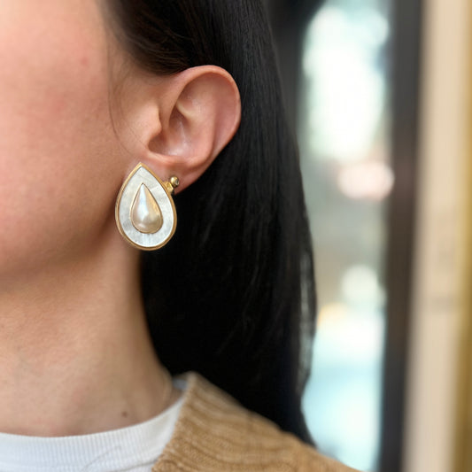 Estate 14KT Yellow Gold Teardrop Mabe Pearl + Mother of Pearl Omega Earrings