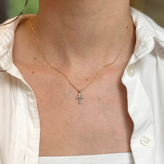 10KT Yellow Gold Mini Aquamarine Cross Pendant Charm