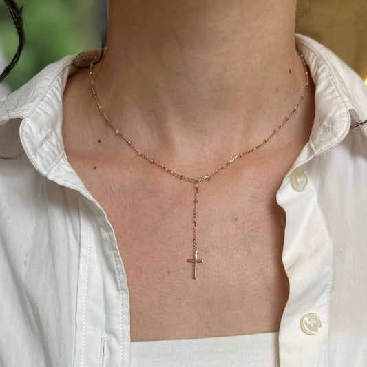 Sterling Silver Rose-Tone Rose Quartz Rosary Beads + Cross Charm Necklace 16~ 18"