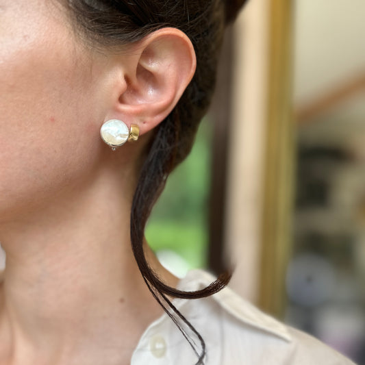 Sterling Silver Rhodium Plated Mother of Pearl Clip On Button Earrings