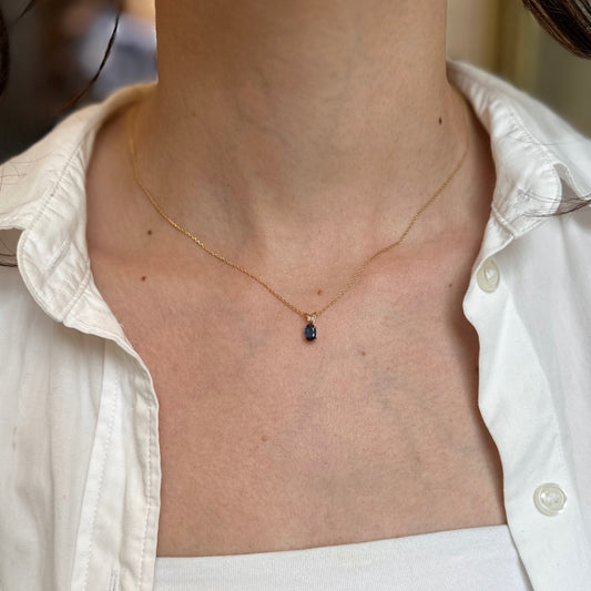 14KT Yellow Gold Oval Sapphire + Round Diamond Pendant