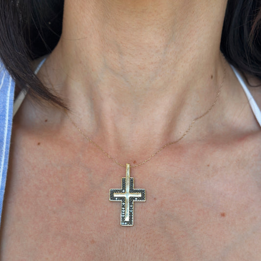 10KT Yellow Gold Black Diamond Cross Necklace