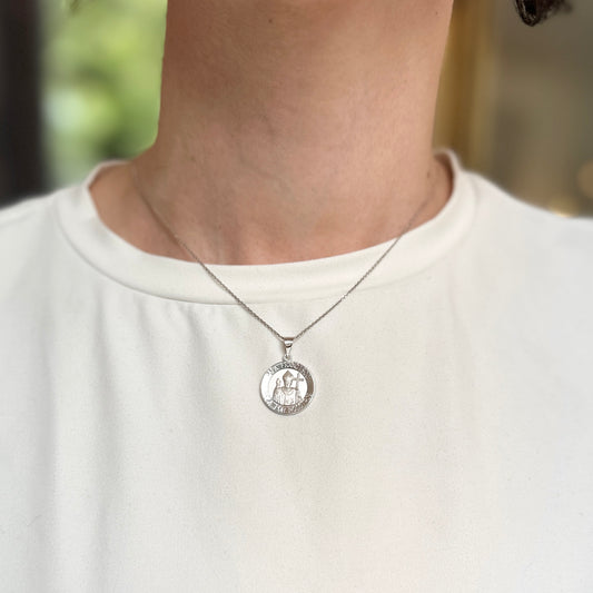 14KT White Gold Round Papa Francisco Medal Pendant 20mm