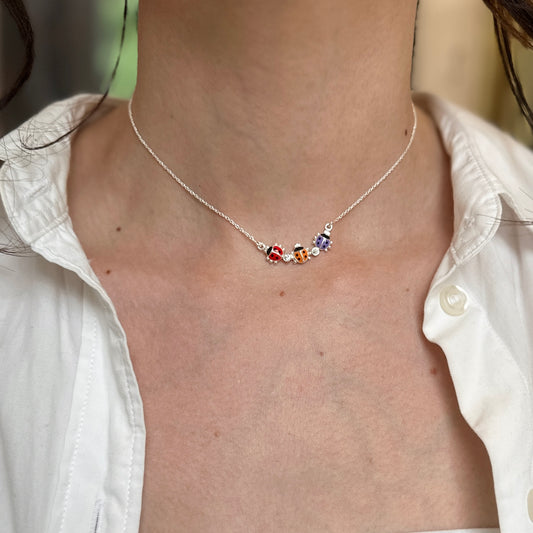 Sterling Silver Red, Orange, Purple Mini Enamel Ladybugs + CZ Necklace 14''