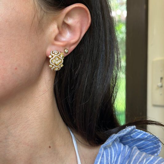 Estate 18KT Yellow Gold White + Yellow Diamond Huggie Hoop Earrings