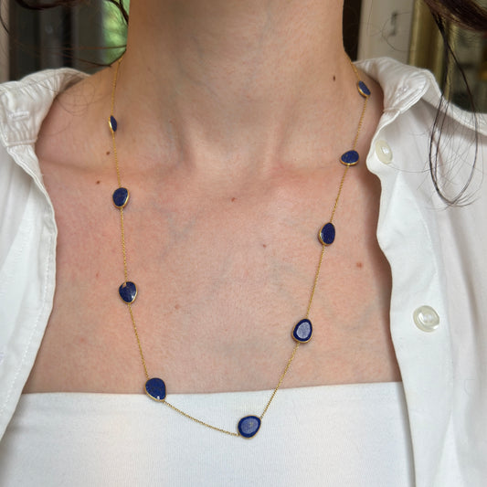 18KT Yellow Gold Bezel Set Lapis Station Necklace