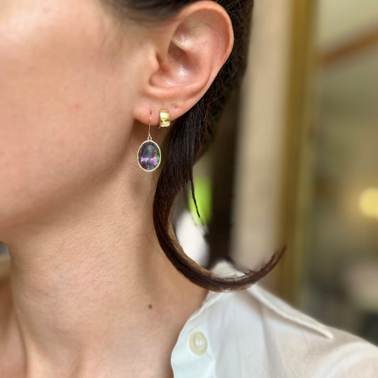 14KT Yellow Gold Oval Mystic Quartz Wire Dangle Earrings