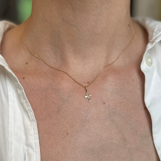 14KT Yellow Gold Flat Mini Cross Pendant Charm 12mm