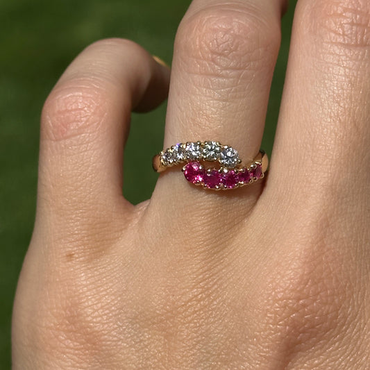 Estate 18KT Yellow Gold Ruby + Diamond Bypass Ring