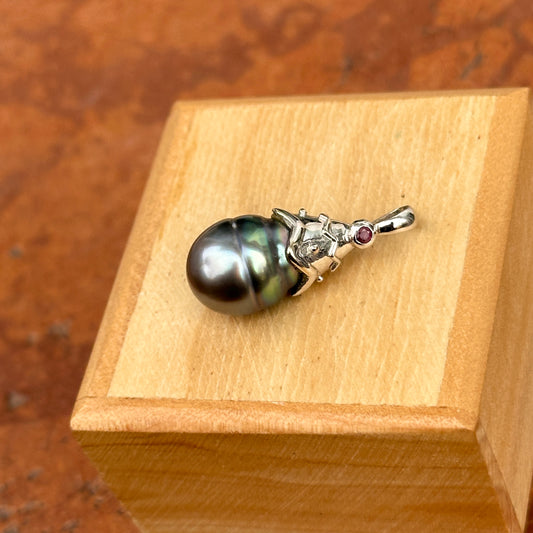 Estate 14KT White Gold Tahitian Pearl + Ruby Pendant