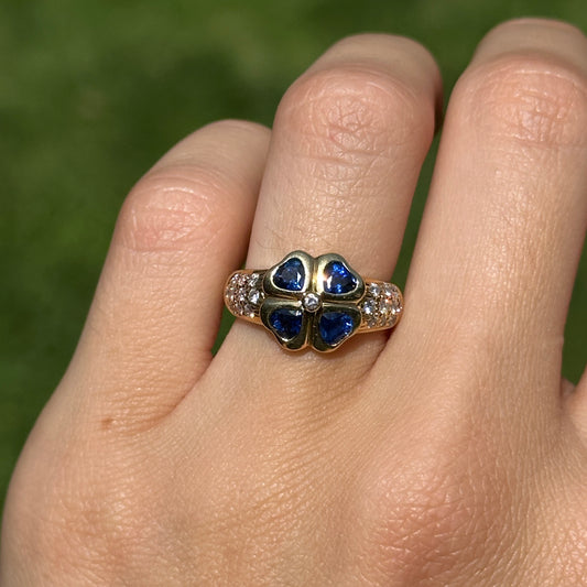 Estate 18KT Yellow Golld Blue Sapphire + Diamond Clover Ring