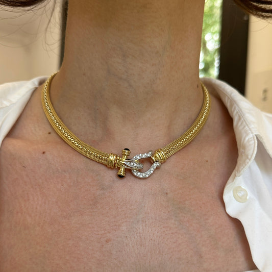 Estate 14KT Yellow + White Gold Diamond Horse Bridle Buckle Clasp Necklace