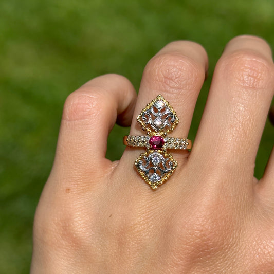 Estate 18KT Yellow Gold Diamond + Ruby Art Deco Ring