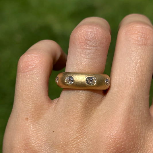 Estate 18KT Yellow Gold Multi-Shape Diamond Bezel Matte Band Ring