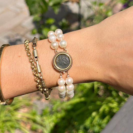 Estate 18KT-14KT Yellow Gold Two Strand Cultured Pearl Bracelet + Roman Coin