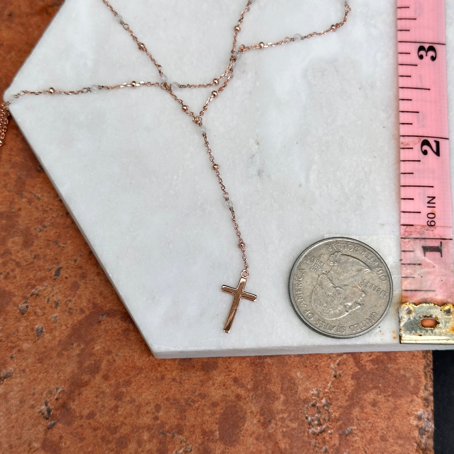 Sterling Silver Rose-Tone Rose Quartz Rosary Beads + Cross Charm Necklace 16~ 18"