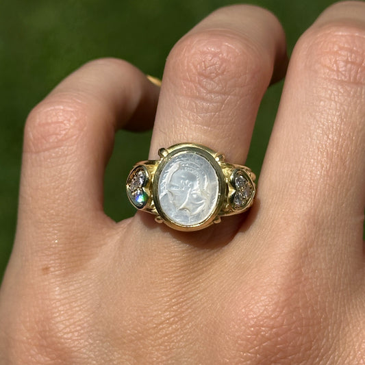 Estate Judith Ripka 18KT Yellow Gold Pearl Intaglio + Diamond Ring
