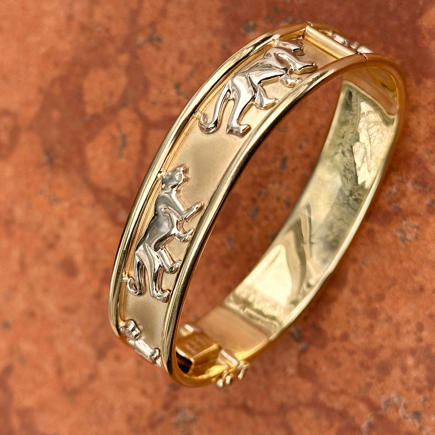 Estate 14KT Yellow + White Gold Panther Cat Bangle Bracelet